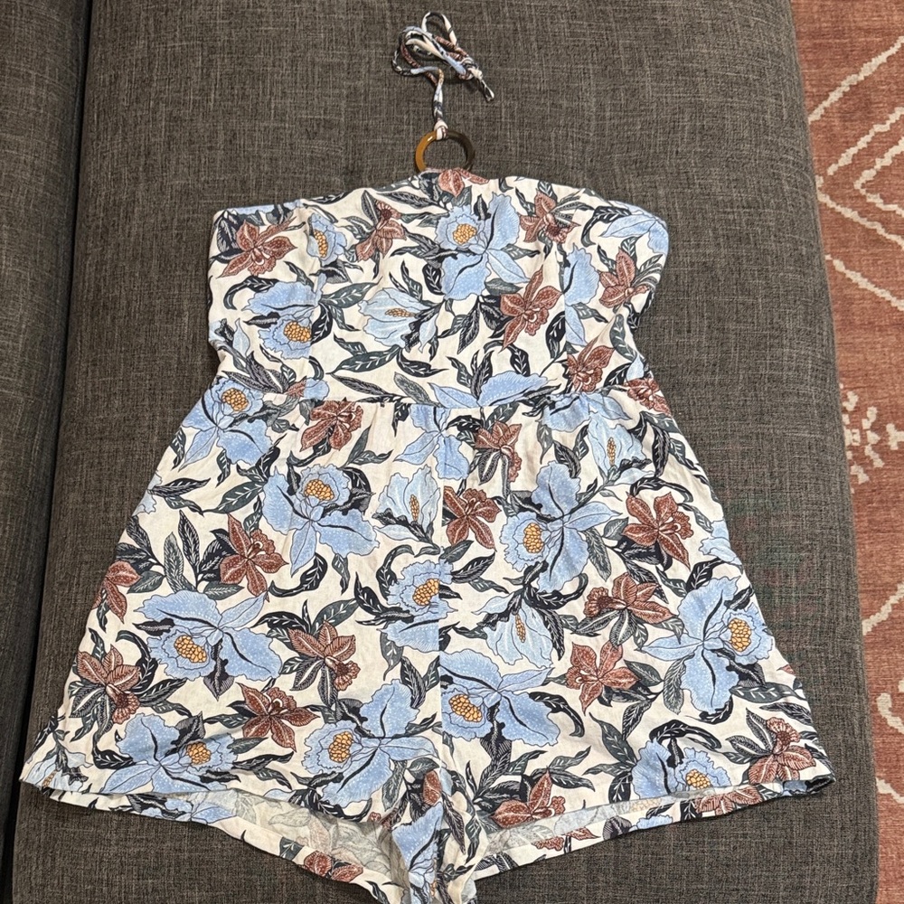 Old Navy Linen Blend Floral Halter Romper Blue Cottagecore Summer - Picture 2 of 5